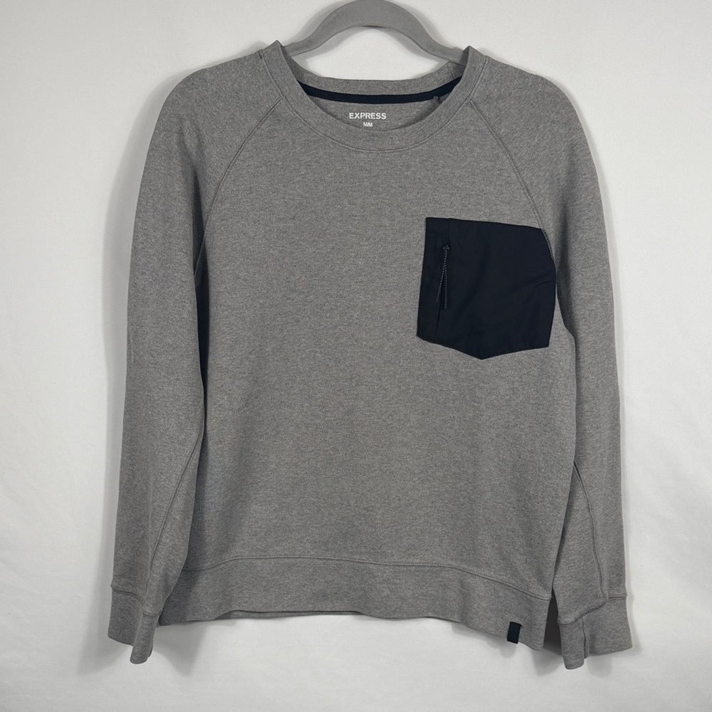 Express Heather Gray Crewneck Sweater‎ with Black Zip Pocket. Mens Size M.